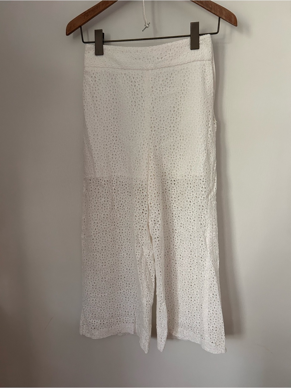Zara White Eyelet Cropped Wide-Leg Trousers